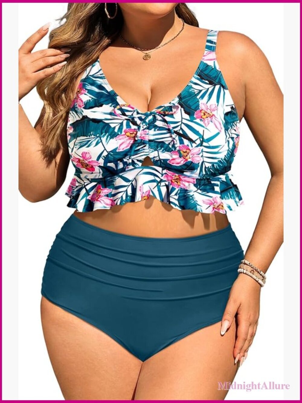 Women Plus Size High Waisted Two Piece Bikini Set with Ruffle Tummy Control